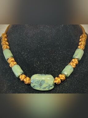 Vintage Green Stone and Brown Cord Choker Necklace